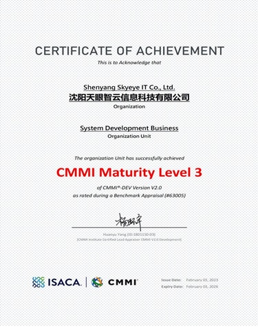 Good news! Skyeye IT through the CMMI level 3 certification of research and development strength has been recognized by international authority